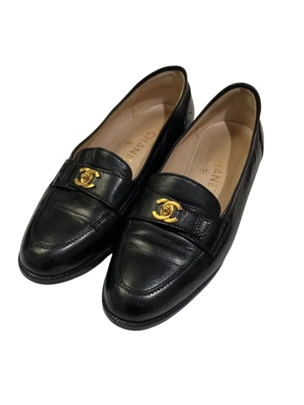 Chanel Vintage Turnlock CC Logo Leather Loafers Equivalent Black Second